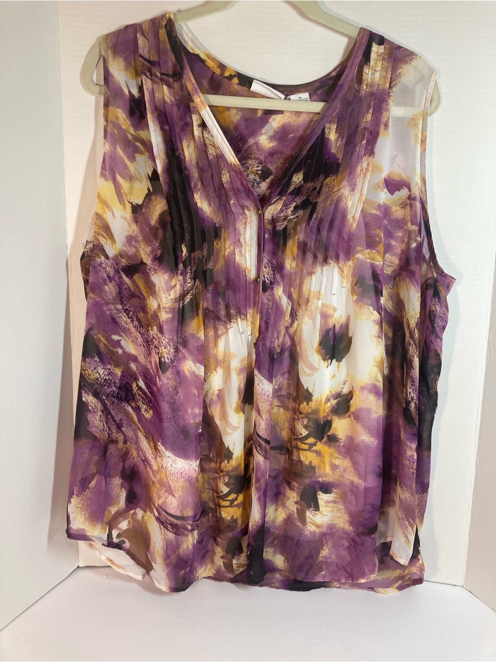 Liz Claiborne Purple & Gold Printed V-Neck Women's Top w/Built in Cammi Size 1X